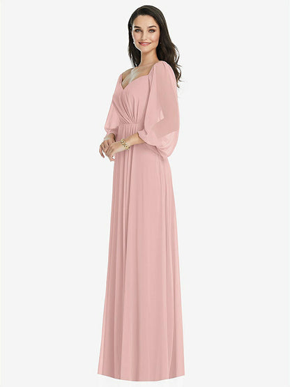【NEW】【STYLE: 3104】オフショルダー パフ スリーブ マキシ ドレス 前面 スリット【COLOR: Rose - PANTONE Rose Quartz】【SIZE: 00-30W】
