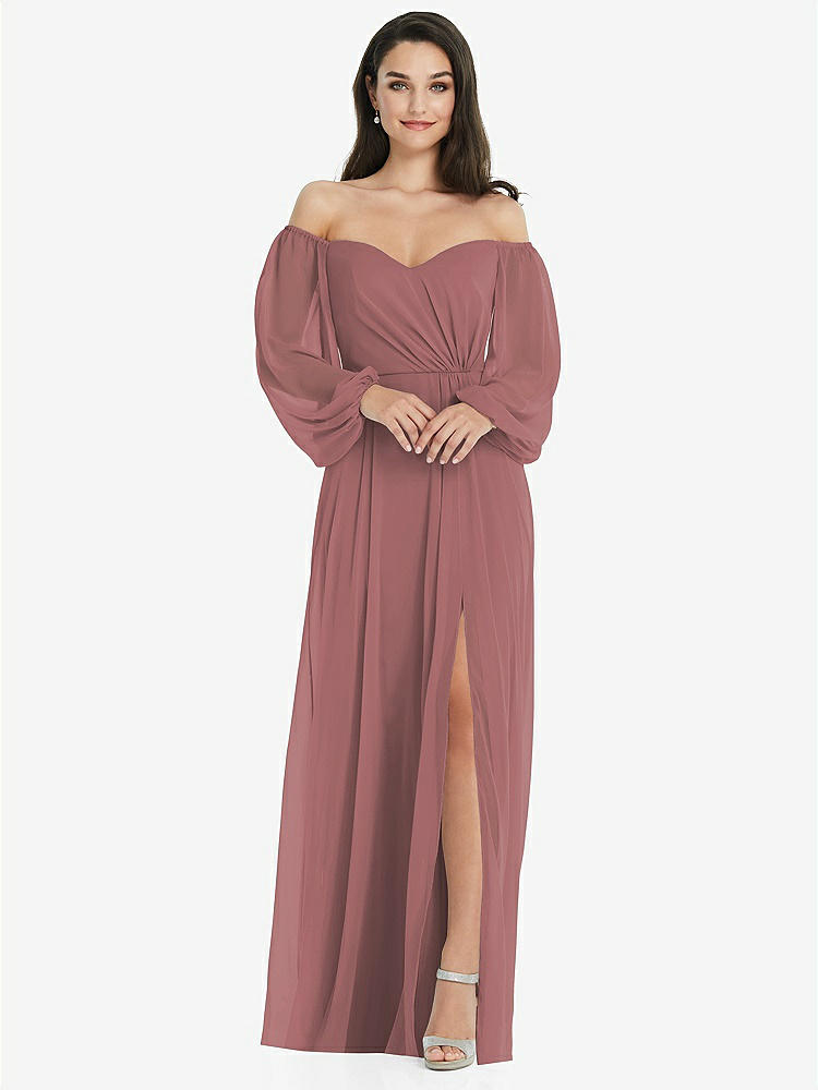 【STYLE: 3104】Off-the-Shoulder Puff Sleeve Maxi Dress with Front Slit【COLOR: Rosewood】