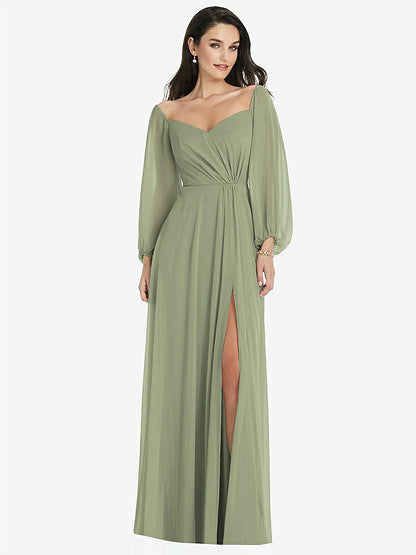 【STYLE: 3104】Off-the-Shoulder Puff Sleeve Maxi Dress with Front Slit【COLOR: Sage】
