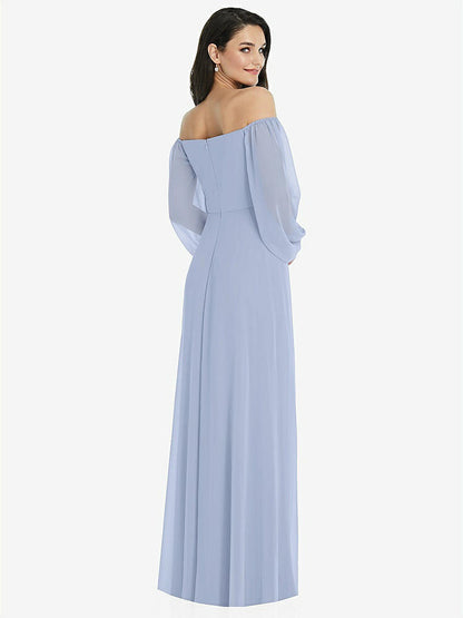 【NEW】【STYLE: 3104】オフショルダー パフ スリーブ マキシ ドレス 前面 スリット【COLOR: Sky Blue】【SIZE: 00-30W】