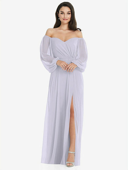 【STYLE: 3104】Off-the-Shoulder Puff Sleeve Maxi Dress with Front Slit【COLOR: Silver Dove】