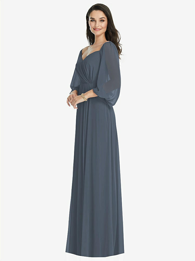 【STYLE: 3104】Off-the-Shoulder Puff Sleeve Maxi Dress with Front Slit【COLOR: Silverstone】