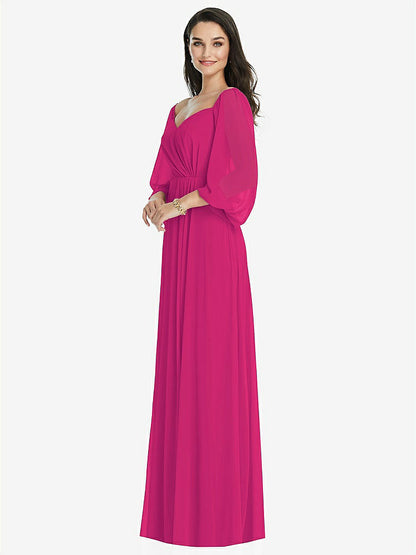 【NEW】【STYLE: 3104】オフショルダー パフ スリーブ マキシ ドレス 前面 スリット【COLOR: Think Pink】【SIZE: 00-30W】
