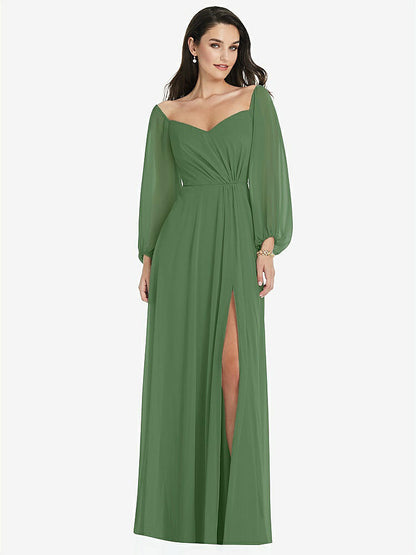 【STYLE: 3104】Off-the-Shoulder Puff Sleeve Maxi Dress with Front Slit【COLOR: Vineyard Green】