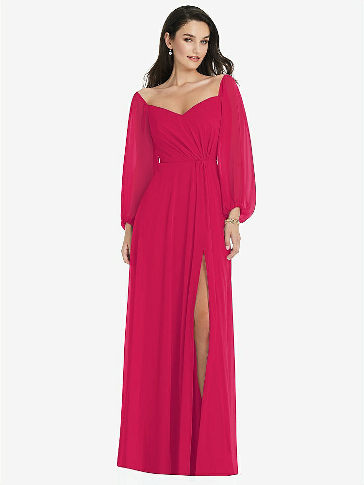 【STYLE: 3104】Off-the-Shoulder Puff Sleeve Maxi Dress with Front Slit【COLOR: Vivid Pink】