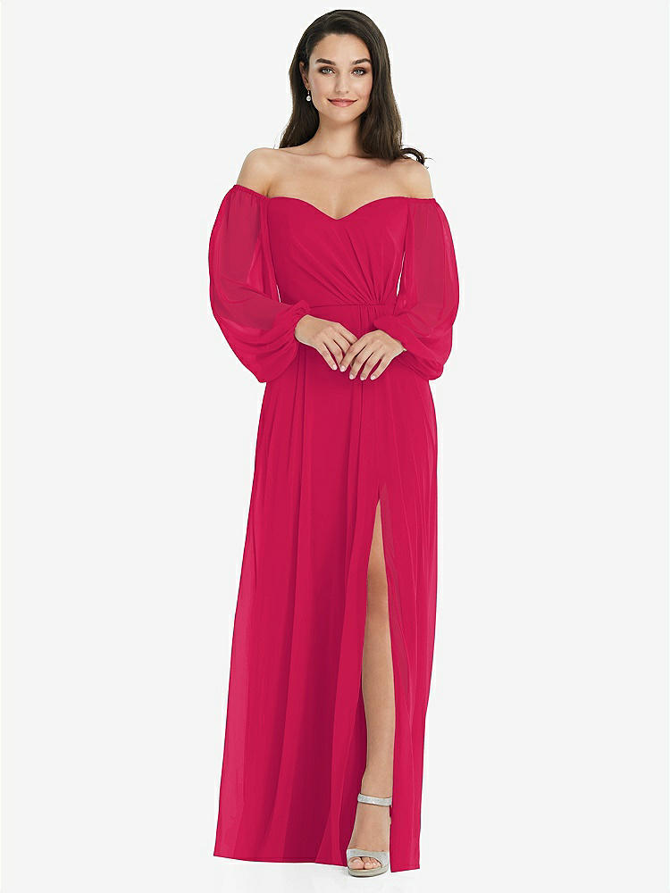 【STYLE: 3104】Off-the-Shoulder Puff Sleeve Maxi Dress with Front Slit【COLOR: Vivid Pink】