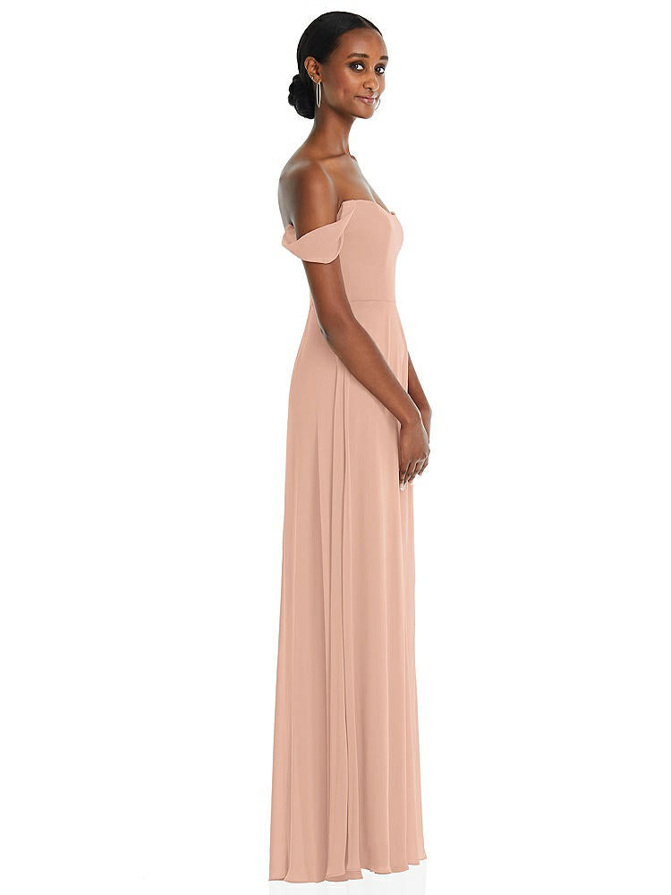 【STYLE: 1560】Off-the-Shoulder Basque Neck Maxi Dress with Flounce Sleeves【COLOR: Pale Peach】