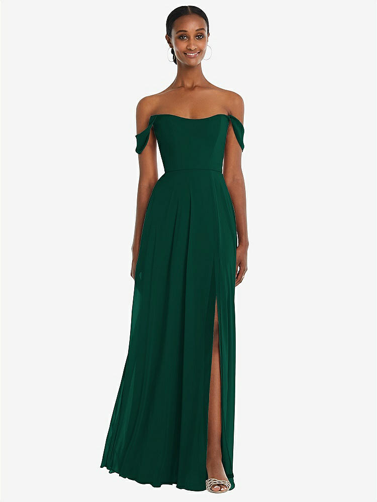 【STYLE: 1560】Off-the-Shoulder Basque Neck Maxi Dress with Flounce Sleeves【COLOR: Hunter Green】