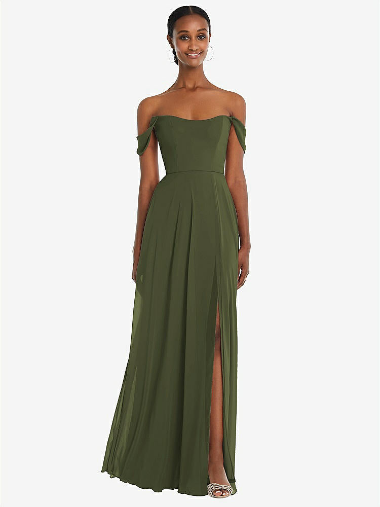 【STYLE: 1560】Off-the-Shoulder Basque Neck Maxi Dress with Flounce Sleeves【COLOR: Olive Green】