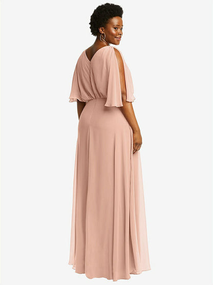 【STYLE: 1565】V-Neck Split Sleeve Blouson Bodice Maxi Dress【COLOR: Pale Peach】