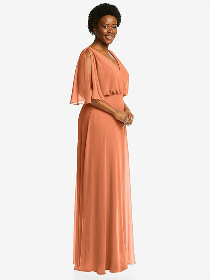 【STYLE: 1565】V-Neck Split Sleeve Blouson Bodice Maxi Dress【COLOR: Sweet Melon】