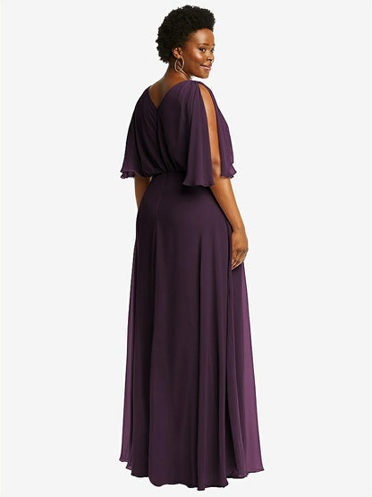 【STYLE: 1565】V-Neck Split Sleeve Blouson Bodice Maxi Dress【COLOR: Aubergine】