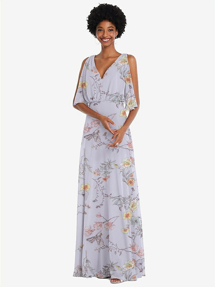 【STYLE: 1565】V-Neck Split Sleeve Blouson Bodice Maxi Dress【COLOR: Butterfly Botanica Silver Dove】