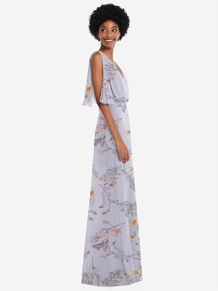 【STYLE: 1565】V-Neck Split Sleeve Blouson Bodice Maxi Dress【COLOR: Butterfly Botanica Silver Dove】