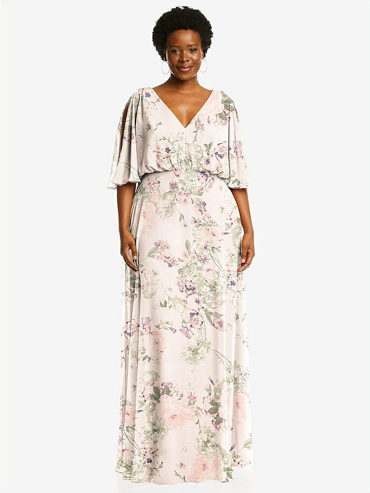 【STYLE: 1565】V-Neck Split Sleeve Blouson Bodice Maxi Dress【COLOR: Blush Garden】