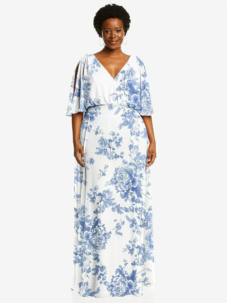 【STYLE: 1565】V-Neck Split Sleeve Blouson Bodice Maxi Dress【COLOR: Cottage Rose Dusk Blue】
