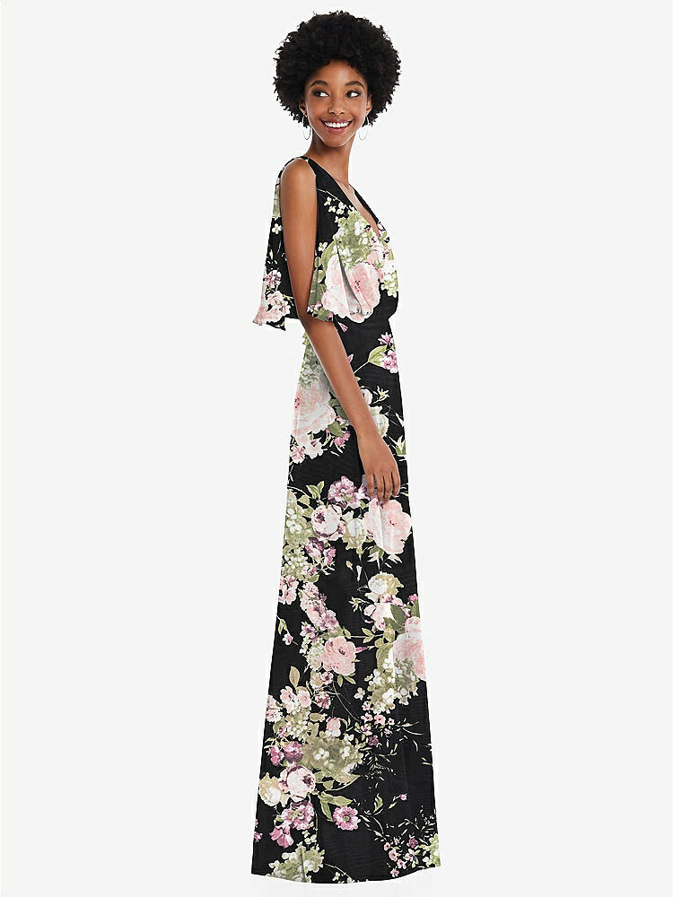【STYLE: 1565】V-Neck Split Sleeve Blouson Bodice Maxi Dress【COLOR: Noir Garden】