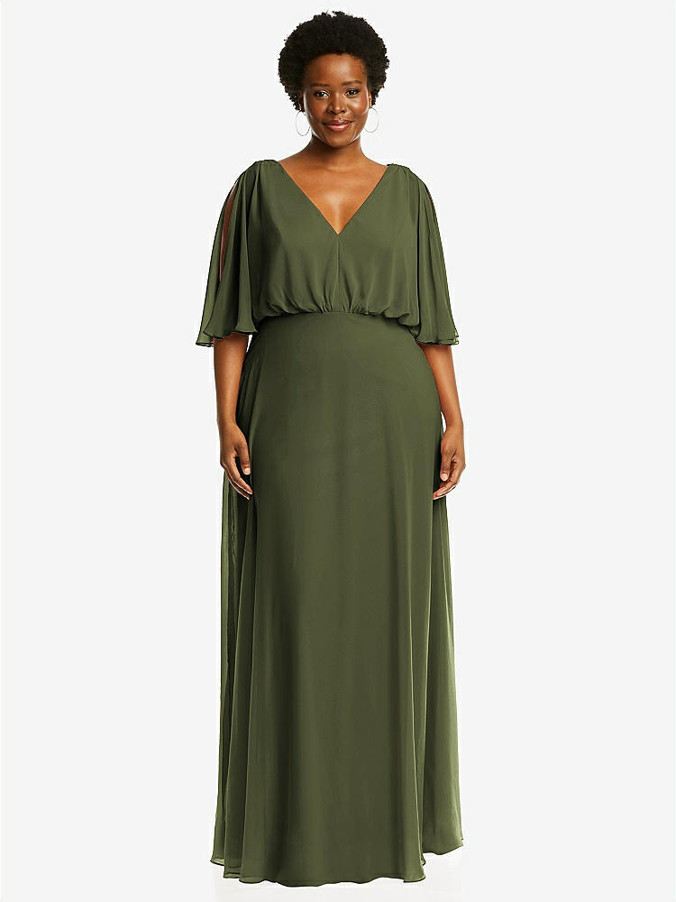 【STYLE: 1565】V-Neck Split Sleeve Blouson Bodice Maxi Dress【COLOR: Olive Green】