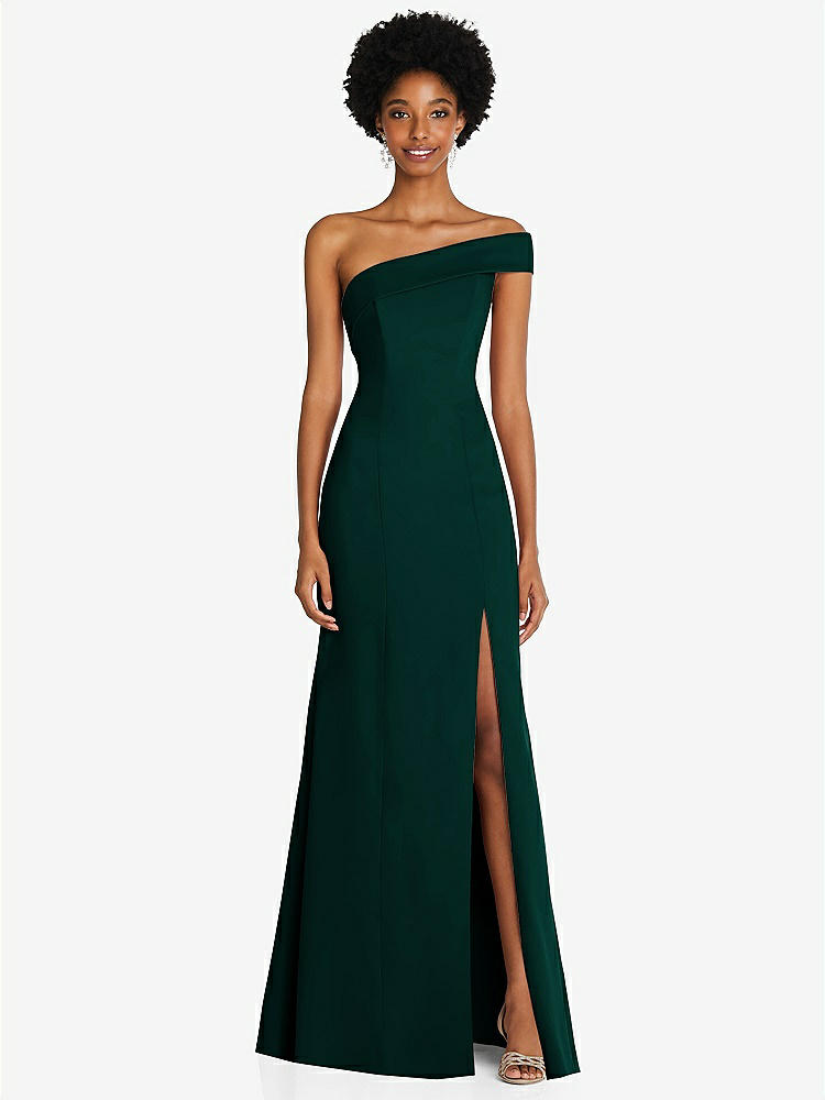 【STYLE: 6858】Asymmetrical Off-the-Shoulder Cuff Trumpet Gown With Front Slit【COLOR: Evergreen】