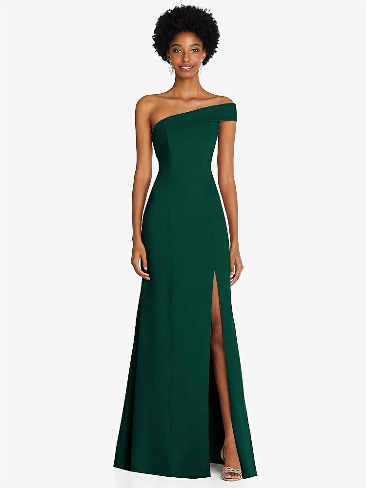 【STYLE: 6858】Asymmetrical Off-the-Shoulder Cuff Trumpet Gown With Front Slit【COLOR: Hunter Green】