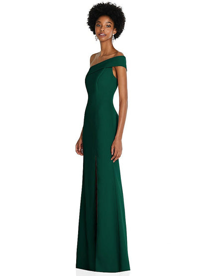 【STYLE: 6858】Asymmetrical Off-the-Shoulder Cuff Trumpet Gown With Front Slit【COLOR: Hunter Green】
