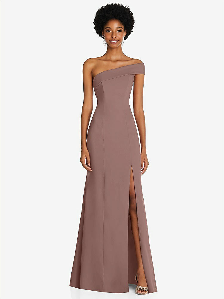 【STYLE: 6858】Asymmetrical Off-the-Shoulder Cuff Trumpet Gown With Front Slit【COLOR: Sienna】