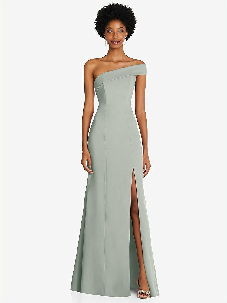 【STYLE: 6858】Asymmetrical Off-the-Shoulder Cuff Trumpet Gown With Front Slit【COLOR: Willow Green】