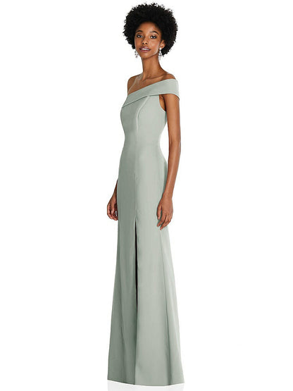 【STYLE: 6858】Asymmetrical Off-the-Shoulder Cuff Trumpet Gown With Front Slit【COLOR: Willow Green】