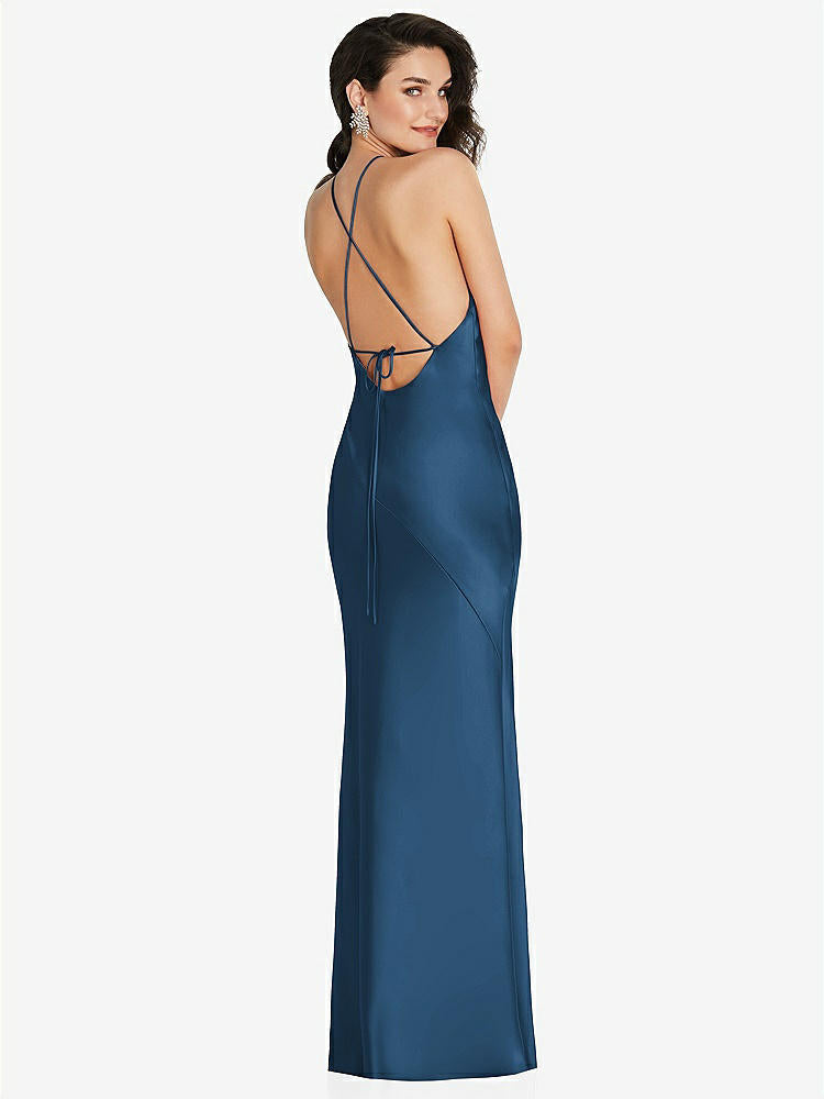 【STYLE: 6853】Halter Convertible Strap Bias Slip Dress With Front Slit【COLOR: Dusk Blue】