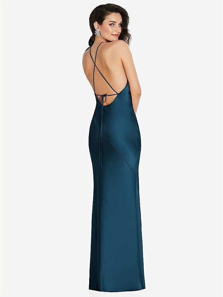 【STYLE: 6853】Halter Convertible Strap Bias Slip Dress With Front Slit【COLOR: Atlantic Blue】