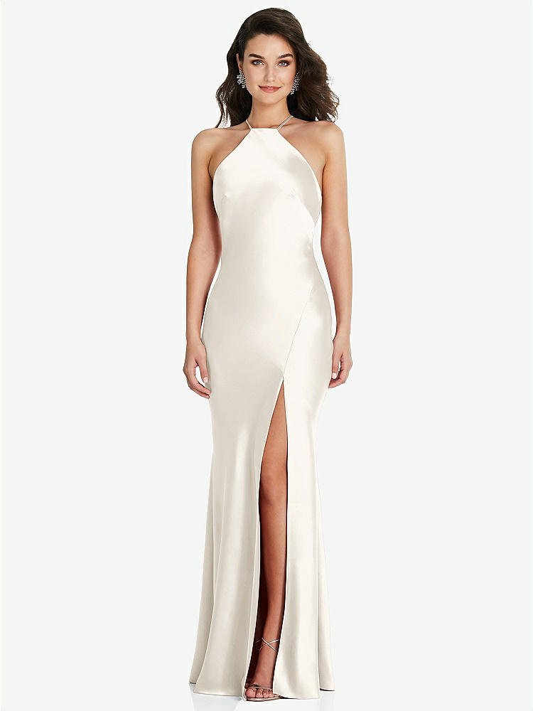 【STYLE: 6853】Halter Convertible Strap Bias Slip Dress With Front Slit【COLOR: Ivory】
