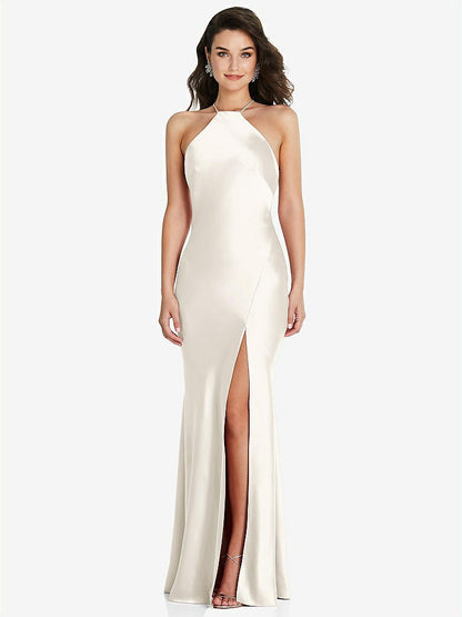 【STYLE: 6853】Halter Convertible Strap Bias Slip Dress With Front Slit【COLOR: Ivory】