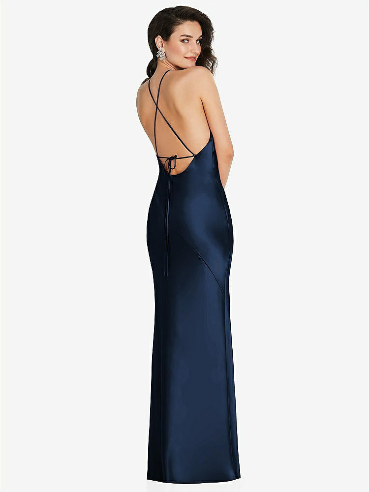 【STYLE: 6853】Halter Convertible Strap Bias Slip Dress With Front Slit【COLOR: Midnight Navy】