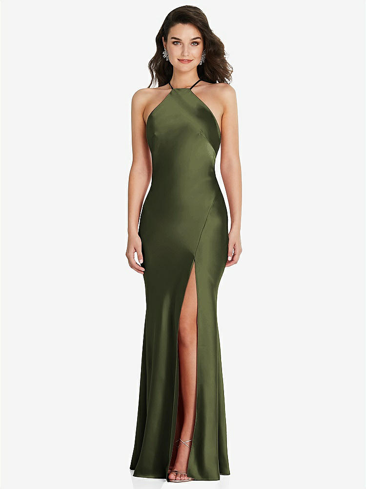 【STYLE: 6853】Halter Convertible Strap Bias Slip Dress With Front Slit【COLOR: Olive Green】