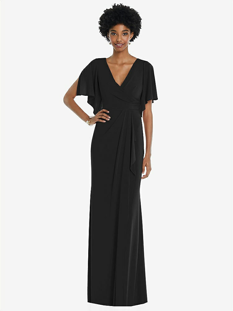 【STYLE: 3107】Faux Wrap Split Sleeve Maxi Dress with Cascade Skirt【COLOR: Black】