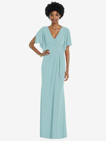 【STYLE: 3107】Faux Wrap Split Sleeve Maxi Dress with Cascade Skirt【COLOR: Canal Blue】