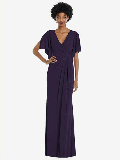 【STYLE: 3107】Faux Wrap Split Sleeve Maxi Dress with Cascade Skirt【COLOR: Concord】