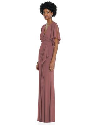 【NEW】【STYLE: 3107】フェイク ラップ スプリット スリーブ マキシ ドレス カスケード スカート【COLOR: English Rose】【SIZE: 00-30W】