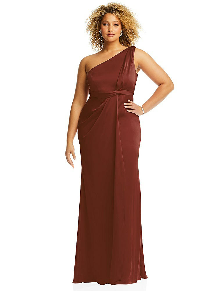 【STYLE: 3111】One-Shoulder Draped Twist Empire Waist Trumpet Gown【COLOR: Auburn Moon】