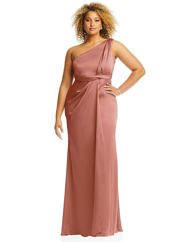 【NEW】【STYLE: 3111】ワンショルダー ドレープ ひねり 帝国 ウエスト トランペット ガウン【COLOR: Desert Rose】【SIZE: 00-30W】