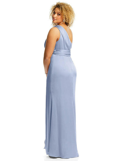 【NEW】【STYLE: 3111】ワンショルダー ドレープ ひねり 帝国 ウエスト トランペット ガウン【COLOR: Sky Blue】【SIZE: 00-30W】