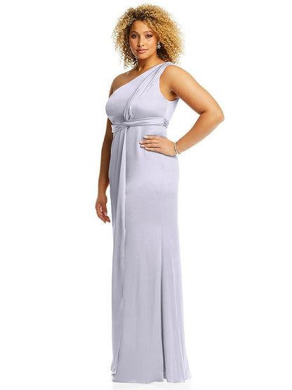 【STYLE: 3111】One-Shoulder Draped Twist Empire Waist Trumpet Gown【COLOR: Silver Dove】