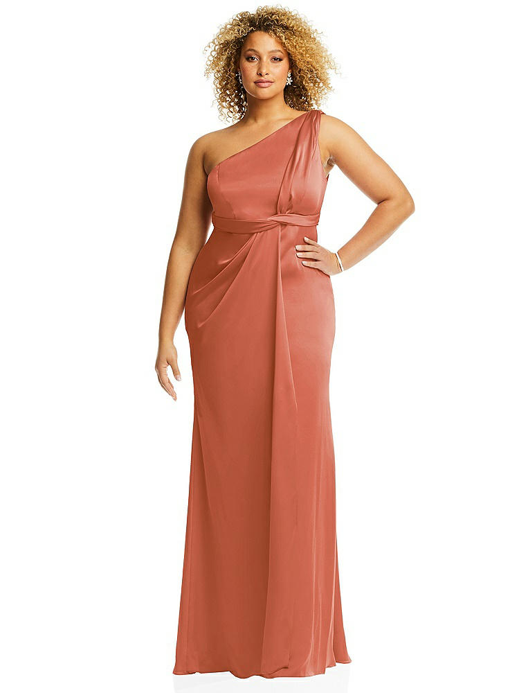 【STYLE: 3111】One-Shoulder Draped Twist Empire Waist Trumpet Gown【COLOR: Terracotta Copper】