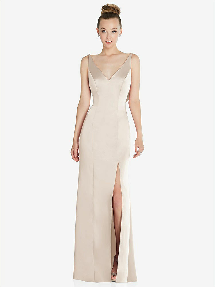 【STYLE: 6856】Draped Cowl-Back Princess Line Dress with Front Slit【COLOR: Oat】