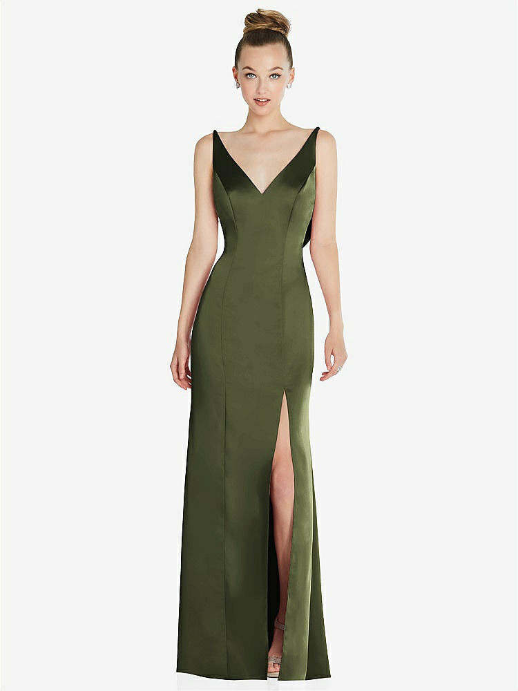 【STYLE: 6856】Draped Cowl-Back Princess Line Dress with Front Slit【COLOR: Olive Green】