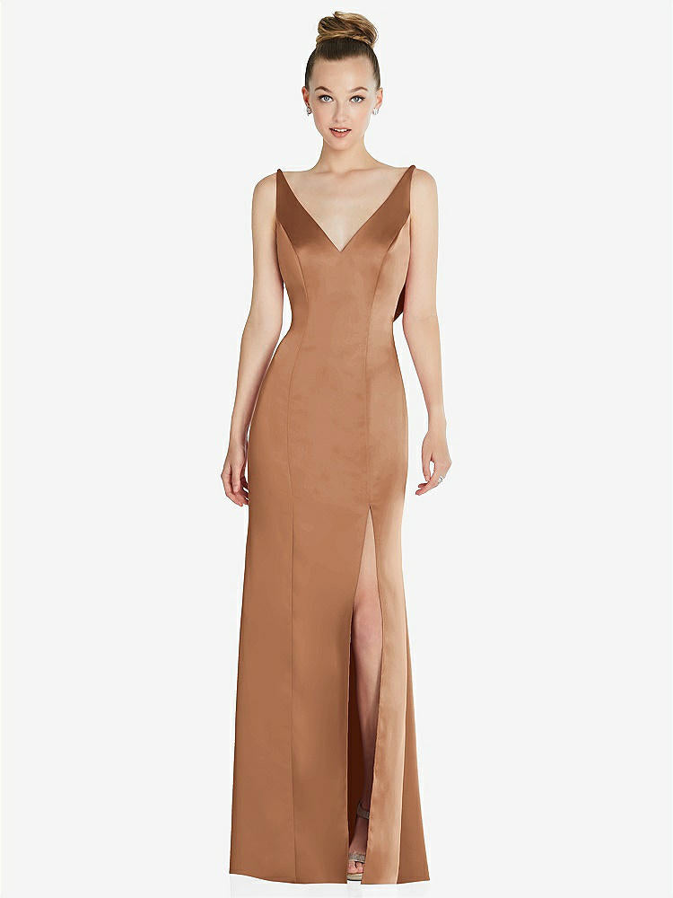 【STYLE: 6856】Draped Cowl-Back Princess Line Dress with Front Slit【COLOR: Toffee】