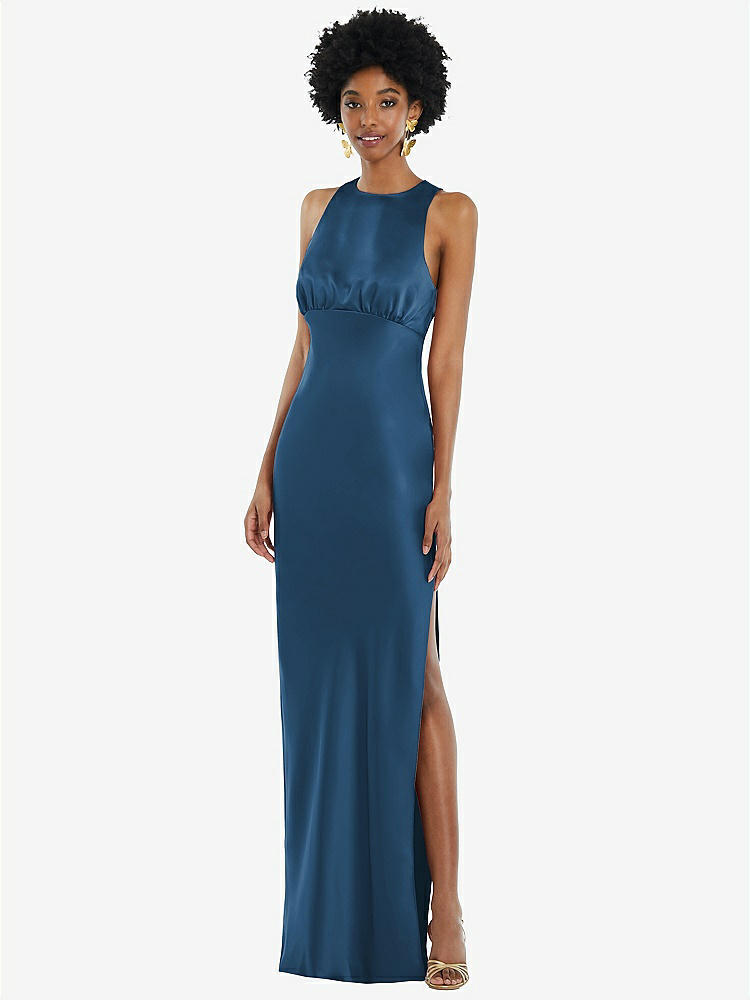 【STYLE: LB043】Jewel Neck Sleeveless Maxi Dress with Bias Skirt【COLOR: Dusk Blue】