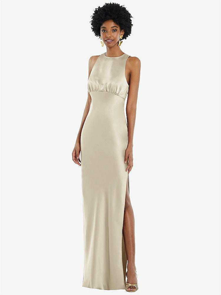 【STYLE: LB043】Jewel Neck Sleeveless Maxi Dress with Bias Skirt【COLOR: Champagne】
