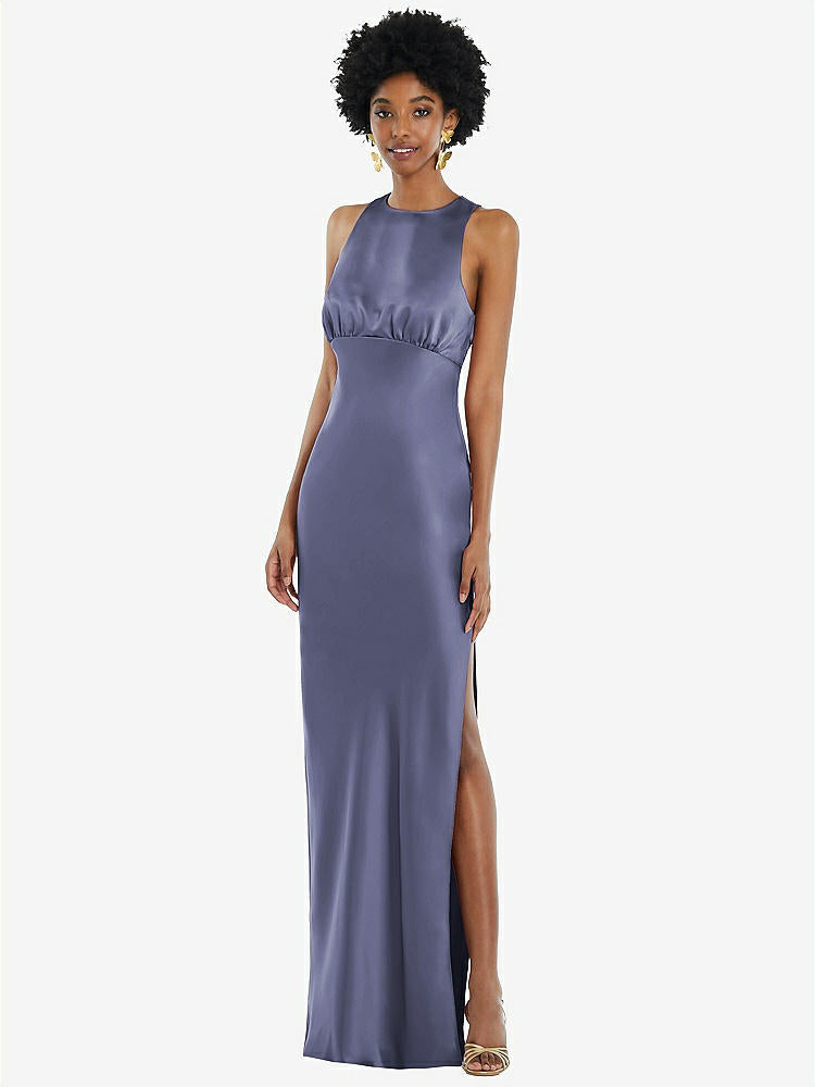 【STYLE: LB043】Jewel Neck Sleeveless Maxi Dress with Bias Skirt【COLOR: French Blue】