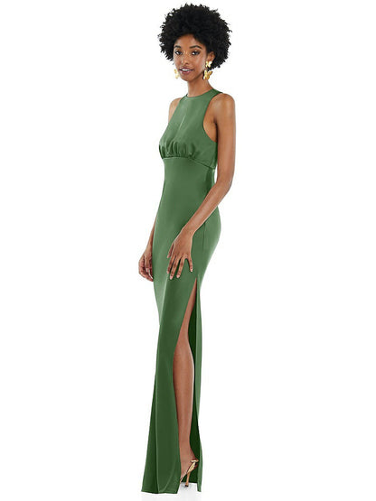 【STYLE: LB043】Jewel Neck Sleeveless Maxi Dress with Bias Skirt【COLOR: Vineyard Green】